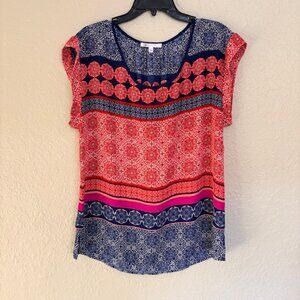 DR2 Women's Short Cap Sleeve Multicolor Pullover L Blouse Scoop Neck Shirt Top